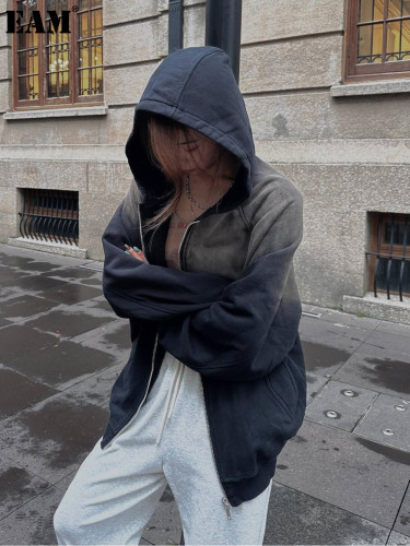 {EAM} Dark style American Plankton Shuai gradient wash zipper hoodie long sleeve autumn coat DLZ300