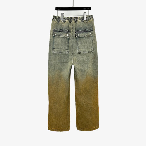 {EAM} Vintage dark do old RO style gradient yellow loose zipper denim floor length pants DLZ298