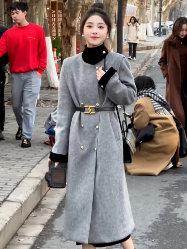 {EAM} Small fragrance grey medium length double-sided woolen coat for women 2024 Autumn/Winter high-grade woolen coat DLZ295