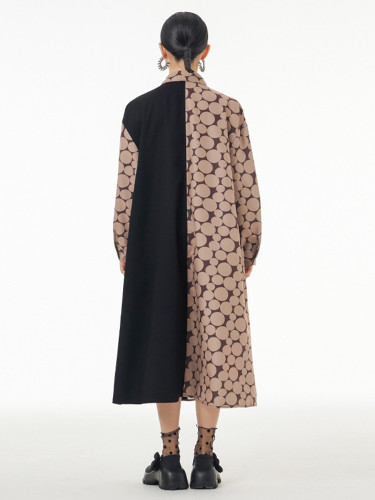 [EAM] Women Brown Dot Printed Big Size Long Shirt Dress New Lapel  Long Sleeve Loose Fit Fashion Tide Spring Autumn 2024 1DF1835