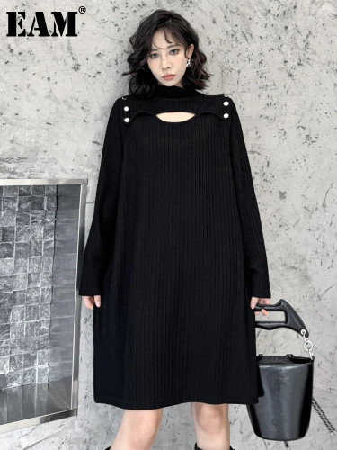 [EAM] Women Black Hollow Out Big Size Elegant Knitting Dress New Turtleneck Long Sleeve Fashion Tide Spring Autumn 2024 1DH7940