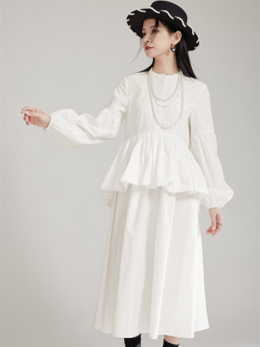 [EAM] Women Beige Ruffles Spliced Elegant Midi Dress New Round Neck Long Lantern Sleeve Fashion Tide Spring Autumn 2024 1DH8019