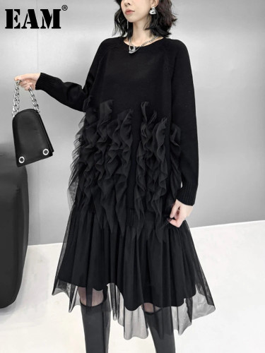 [EAM] Women Black Mesh Ruffles Knitting Big Size Sweater Dress New Round Neck Long Sleeve Fashion Spring Autumn 2024 1DH8066