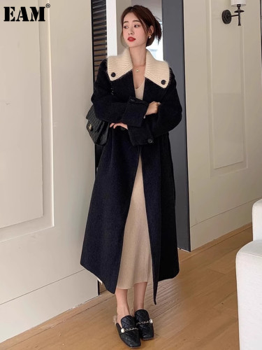 {EAM} Double-sided cashmere coat winter style knitted splicing small fragrance chic Korean version of high-grade woolen coat DLZ309