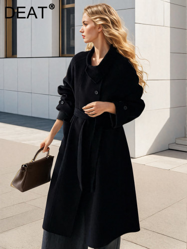 DEAT Fashion Women's 100% Wool Coat Stand Collar Loose Single Breasted Long Sleeves Sashes Blends Overcoat Winter 2024 New