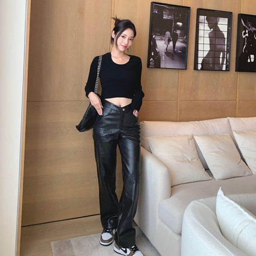 {EAM} Cross Crowe star high waist drag straight tube wide leg PU leather pants long pants women 2024 spring and autumn new temperament everything DLZ310
