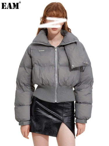 {EAM} Splicing design solid color high neck cotton coat women 2024 winter thick warm short coat bread coat cotton coat DLZ314