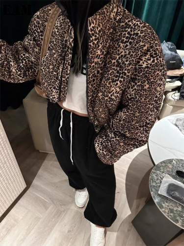 {EAM} 2024 winter leopard print bright face positive and negative two wear cotton jacket draw rope short casual thick coat tide DLZ313