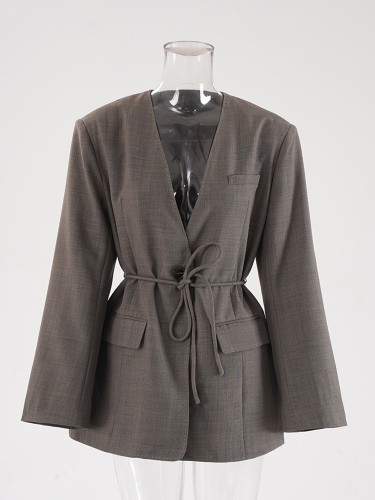 DEAT Fashion Women's Blazer V-neck Loose Single Button Long Sleeves Tie Up Waist Suit Jacket Autumn Apring 2024 New Tide CPG2393