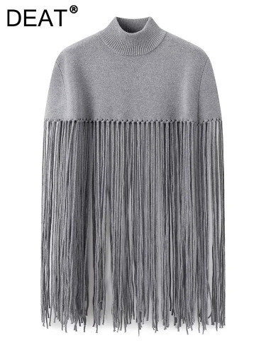 DEAT Fashion Women's Kitted Pullovers Stand Collar Loose Gray Patchwork Tassel Sweater Autumn2024 New Tide 3WM1571