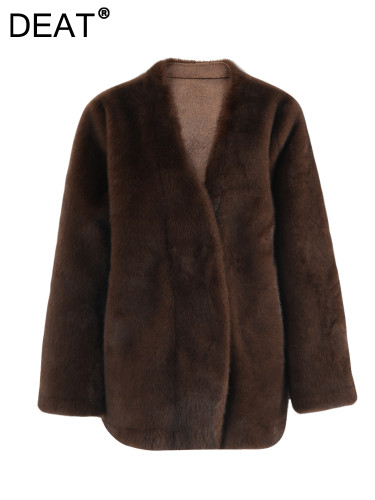 DEAT Fashion Women's Brown Faux Fur Coat V-neck Loose Hidden Buckle Long Sleeves Plush Jacket Winter 2024 New Tide CPG2395
