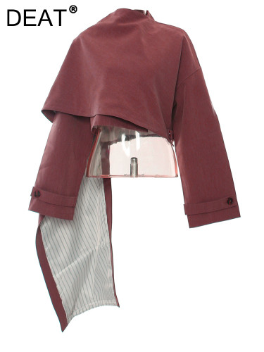 DEAT Fashion Angola Red Jacket Women's Stand Collar Loose Long Sleeves Irregular Cloak Autumn Spring 2024 New Tide 1DH7702