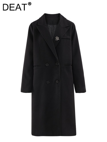 DEAT Fashion Women's Woolen Coat Notchwd Collar Loose Double Breasted Thick Cotton Lined Overcoat Winter 2024 New Tide CPG2402