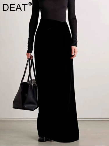 DEAT Fashion Women's High Waisted Velvet Ultra Long Skirt High  Waist A-line Black Floor-length Skirts Autumn 2024 New 7AB357H