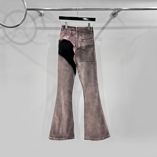 {EAM} Black and pink color contrast patchwork coating brush wax fabric design long horn denim pants DLZ305