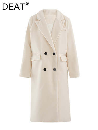 DEAT Fashion Women's Beige Woolen Coat Notched Collar Loose Double Breasted Long Sleeves Blends Overcoat Winter 2024 New CPG2401