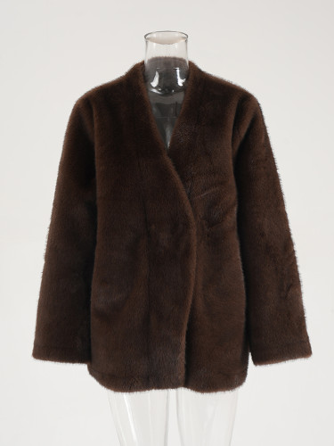DEAT Fashion Women's Brown Faux Fur Coat V-neck Loose Hidden Buckle Long Sleeves Plush Jacket Winter 2024 New Tide CPG2395