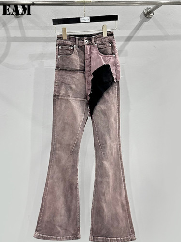 {EAM} Black and pink color contrast patchwork coating brush wax fabric design long horn denim pants DLZ305