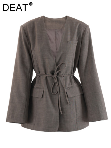 DEAT Fashion Women's Blazer V-neck Loose Single Button Long Sleeves Tie Up Waist Suit Jacket Autumn Apring 2024 New Tide CPG2393