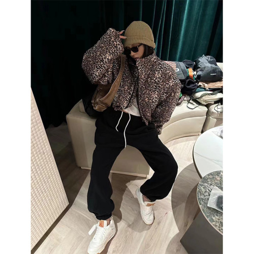 {EAM} 2024 winter leopard print bright face positive and negative two wear cotton jacket draw rope short casual thick coat tide DLZ313