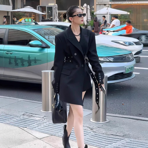 {EAM} Korean version of temperament waist slimming coat design sense of minority in the long trench coat irregular bottom swing double belt suit DLZ312