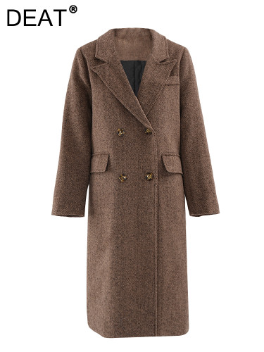 DEAT Fashhion Women's Brwon Woolen Coat Lapel Loose Double Breasted Cotton Lined Blends Overciat Winter 2024 New Tide CPG2400