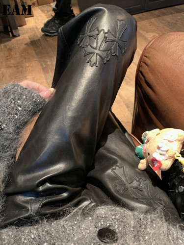 {EAM} Cross Crowe star high waist drag straight tube wide leg PU leather pants long pants women 2024 spring and autumn new temperament everything DLZ310