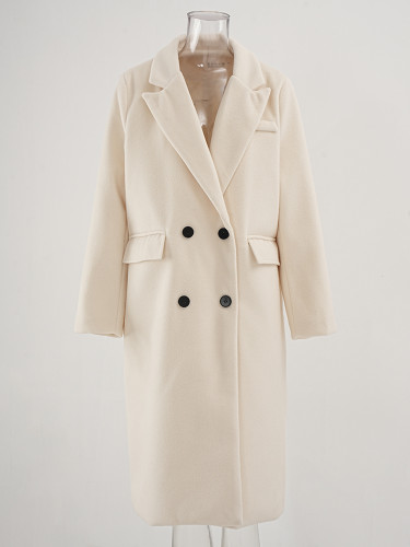 DEAT Fashion Women's Beige Woolen Coat Notched Collar Loose Double Breasted Long Sleeves Blends Overcoat Winter 2024 New CPG2401
