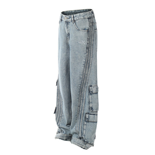 {EAM} Retro American multi-pocket cargo jeans loose straight leg wide casual couple hip hop mop pants DLZ322