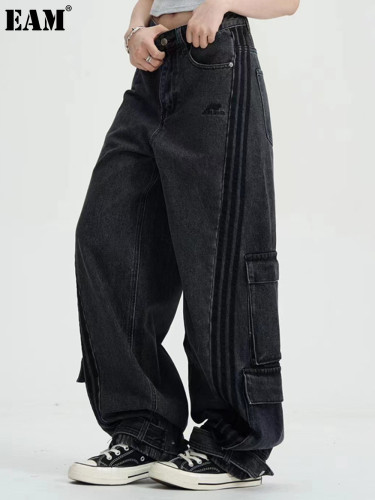 {EAM} Black multi-pocket niche design striped cargo jeans baggy pants American hipster DLZ320