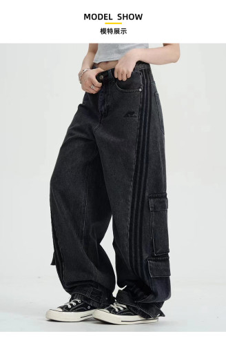 {EAM} Black multi-pocket niche design striped cargo jeans baggy pants American hipster DLZ320