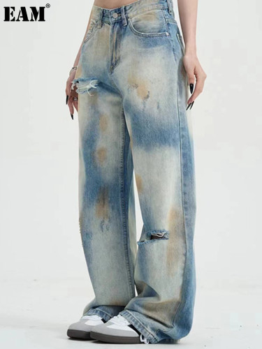 {EAM} Wash to do old jeans men and women straight loose waste soil wind hole, handsome American retro high street pants DLZ319