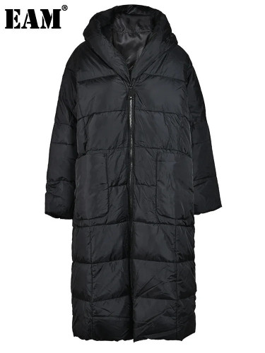 [EAM] Big Size Long Hooded Cotton-padded Coat Long Sleeve Loose Fit Women Parkas Fashion Tide New Autumn Winter 2024 JD12101