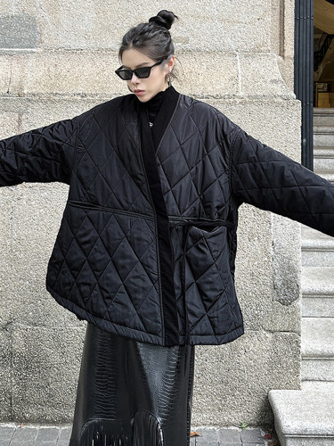 [EAM] Black Big Size Bandage Keep Warm Cotton-padded Coat Long Sleeve Women Parkas Fashion Tide New Autumn Winter 2024 1DH7916