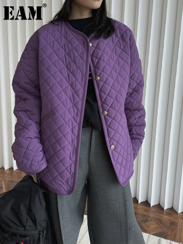 [EAM] Purple Big Size Warm Casual Cotton-padded Coat Long Sleeve Women Parkas Fashion Tide New Autumn Winter 2024 1DH7547