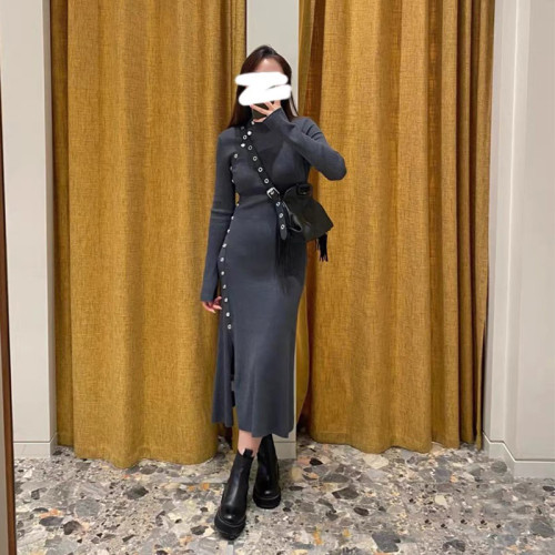 {EAM} 24 Autumn and winter new niche design sense button long waist slim-fit knit dress DLZ329