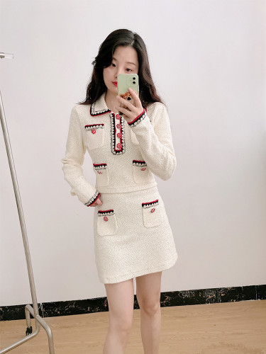 {EAM} Autumn high-end Xiaoxiang celebrity style set skirt lapel drill button knit top A-line skirt DLZ327