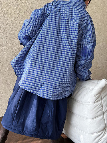 [EAM] Blue Plaid Pocket Big Size Warm Cotton-padded Coat Long Sleeve Women Parkas Fashion Tide New Autumn Winter 2024 1DH7900