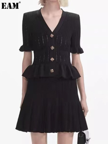 {EAM} Early autumn new classic black V-neck temperament hollow short sleeve fake two knitted dress short skirt DLZ333