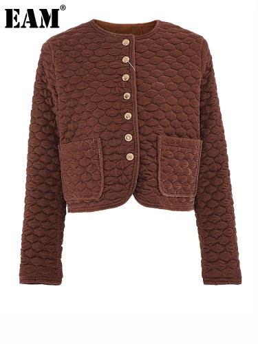 [EAM] Brown Pocket Big Size Short Warm Cotton-padded Coat Long Sleeve Women Parkas Fashion Tide New Autumn Winter 2024 CPG2371
