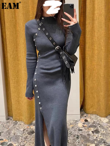 {EAM} 24 Autumn and winter new niche design sense button long waist slim-fit knit dress DLZ329