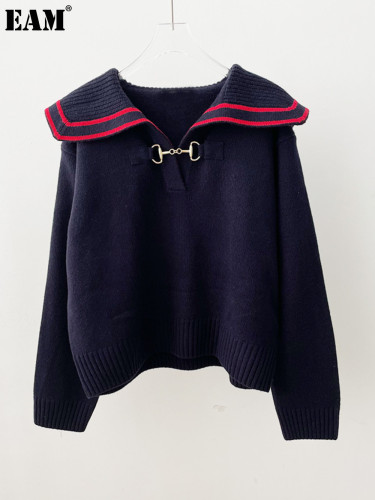 {EAM} Fashion Commuter Knitted Pullover Women 25 Autumn Winter Navy Collar Contrast Color Striped Sweater Buckle Long Sleeve Loose Top DLZ326