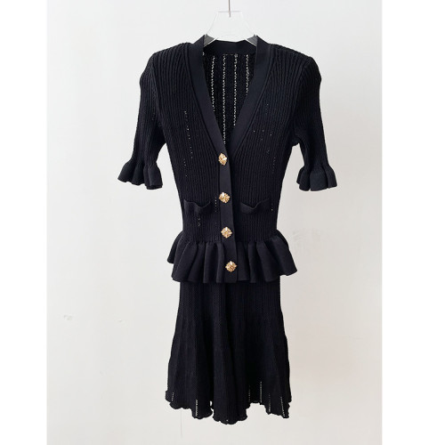 {EAM} Early autumn new classic black V-neck temperament hollow short sleeve fake two knitted dress short skirt DLZ333