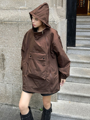 [EAM] Brown Big Size Caual Pocket Hooded Cotton-padded Coat Long Sleeve Women Parkas Fashion Tide New Autumn Winter 2024 1DH7699