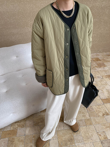 [EAM] Green Color-block Big Size Warm Cotton-padded Coat Long Sleeve Women Parkas Fashion Tide New Autumn Winter 2024 1DH7825