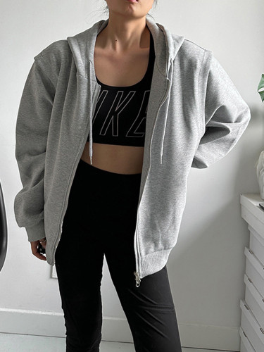 [EAM] Loose Fit Gray Double Zipper Big Size Jacket New Hooded Long Sleeve Women Coat Fashion Tide Spring Autumn 2024 1DH2632
