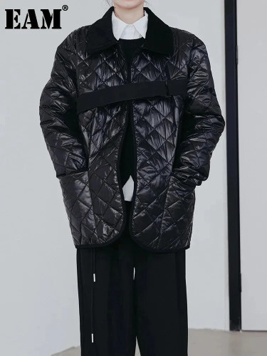 [EAM]  Black Big Size Warm Plaid Cotton-padded Coat Long Sleeve Loose Fit Women Parkas Fashion New Autumn Winter 2024 1DF0704