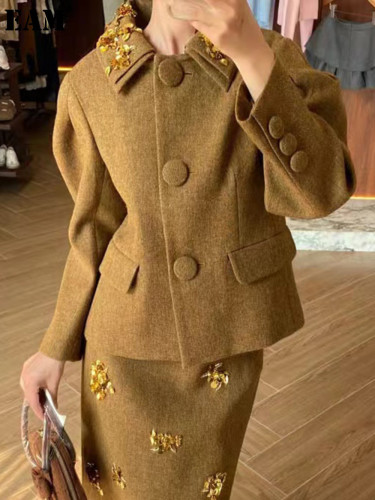 {EAM} Luxe Handcrafted beaded sequin double-neck wool suit jacket DLZ342
