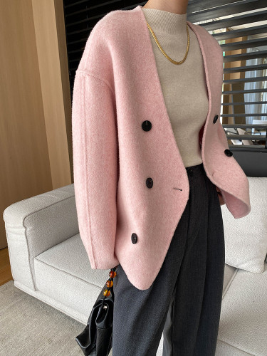 [EAM] Beige Double Breasted Big Size Woolen Coat New V-neck Long Sleeve Women Jacket Fashion Tide Autumn Winter 2024 1DH7364