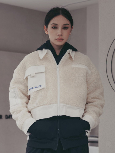 [EAM] Loose Fit Beige Lambswool Thick Big Size Jacket New Lapel Long Sleeve Women Coat Fashion Tide Spring Autumn 2024 1DF1289